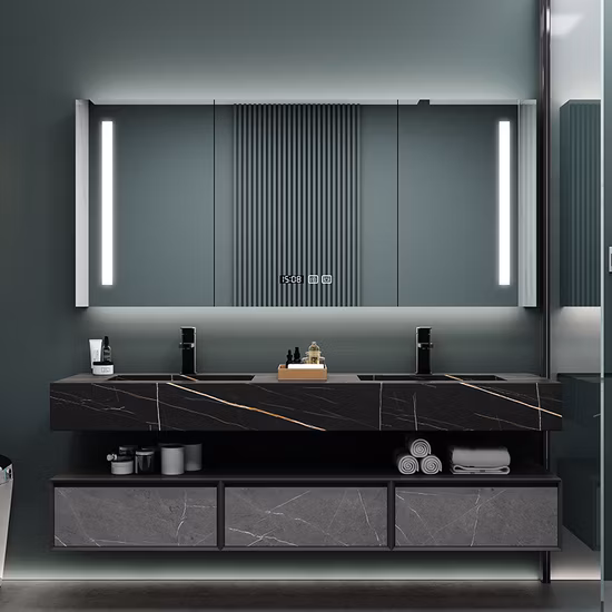 Vama 30-Zoll-Badezimmerschrank aus Espresso-Sperrholz mit Marmorplatte und Keramikwaschbecken