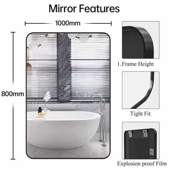 Wandspiegel für Badezimmer, rechteckiger Kosmetikspiegel mit gebürstetem schwarzem Metallrahmen und abgerundeten Ecken